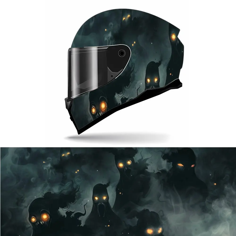 

Black Ghost with Flame Eyes Full Face Helmet Vinyl Wrap Sticker, Durable PVC Material, Artistic Aesthetic Graphic Decal for Moto