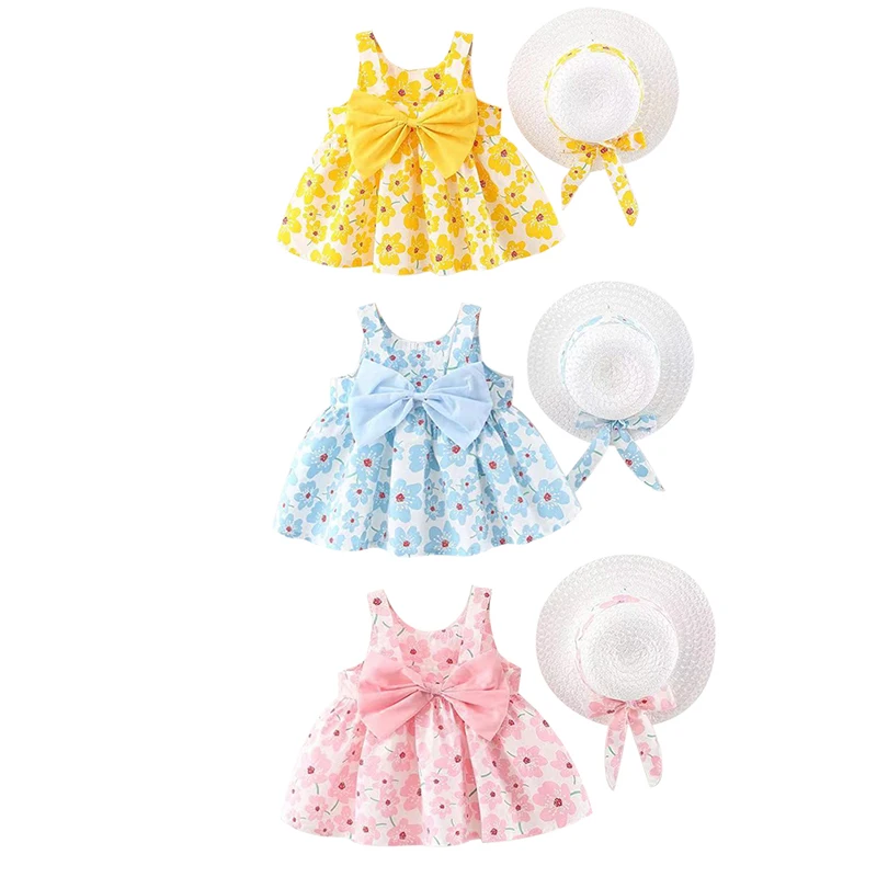 

2025 Spring Summer Flower Princess Sleeveless Dress With Hat Adorable Toddler Girl Outfit Beach Holiday Children's Day Dress