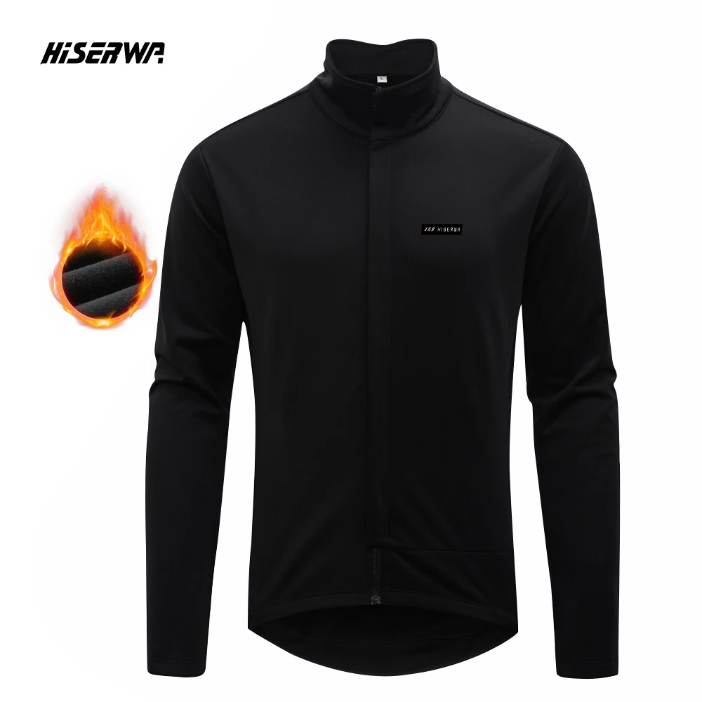 HISERWA Winter Thermal Cycling Jacket Men Windproof Warm Fleece Bicycle Jacket MTB Road Bike Windbreaker With 3 Back Pockets