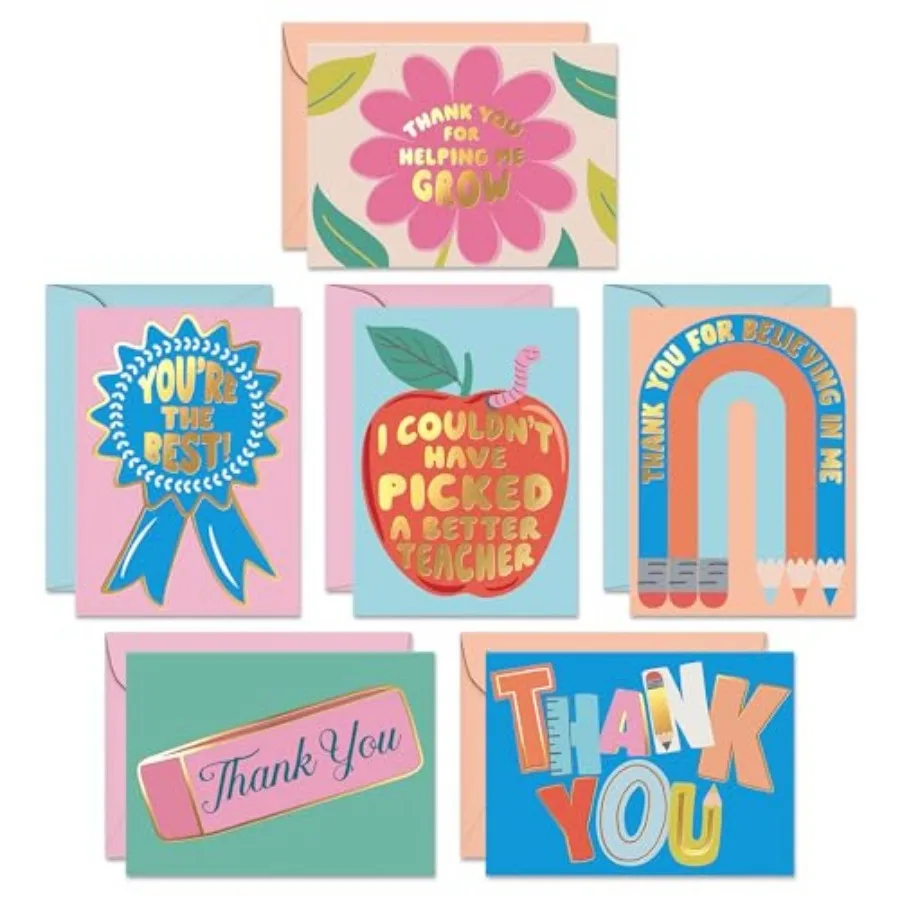 

SandO Set of 24 School Teacher Appreciation Cards - 6 Assorted Thank You Notes - Cute Thanks Messages with Envelopes - Grateful