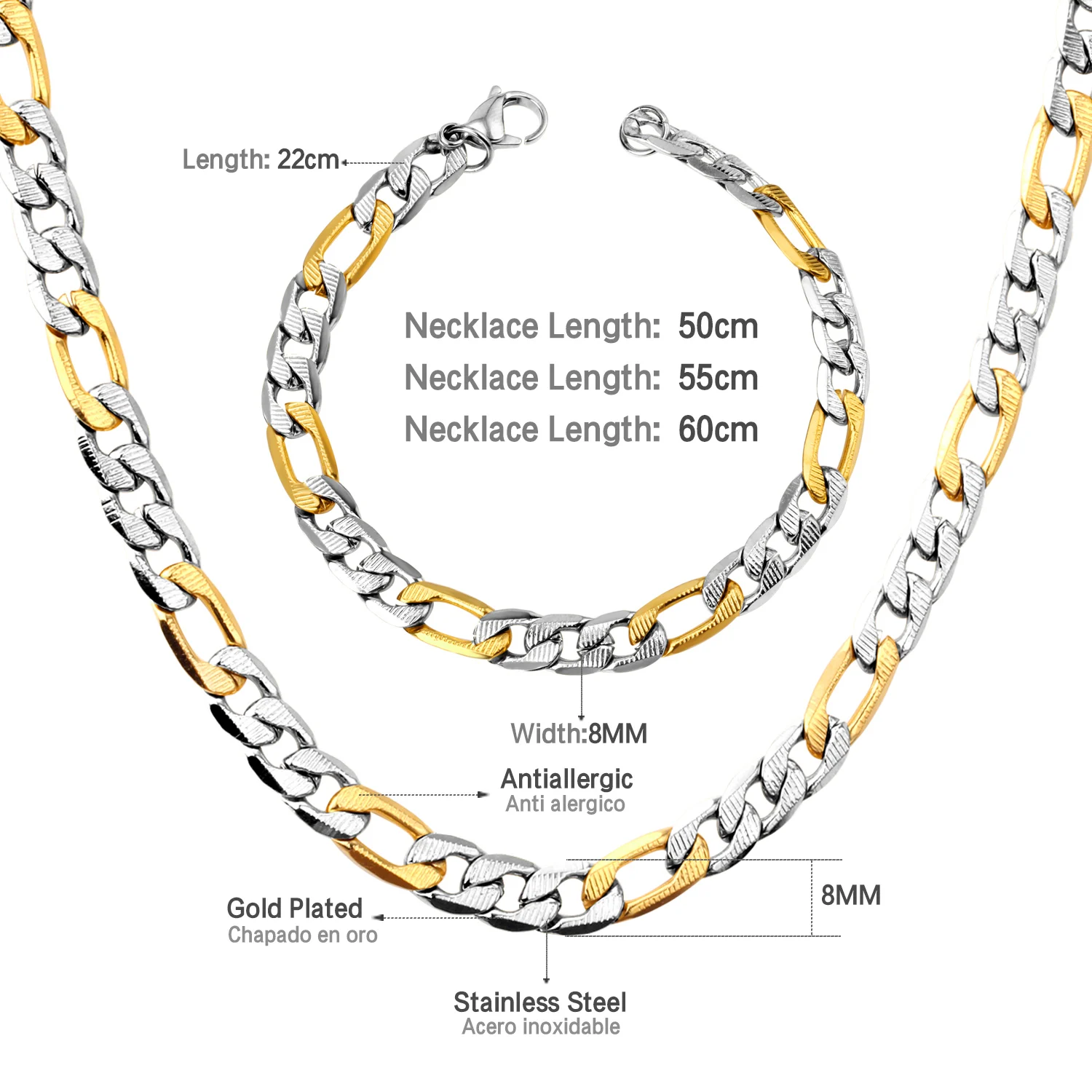 ASONSTEEL Women/Men 8mm Width Set Gold Color Stainless Steel Necklace with Bracelet Cuban Chain for Diy Fashion Jewelry Making