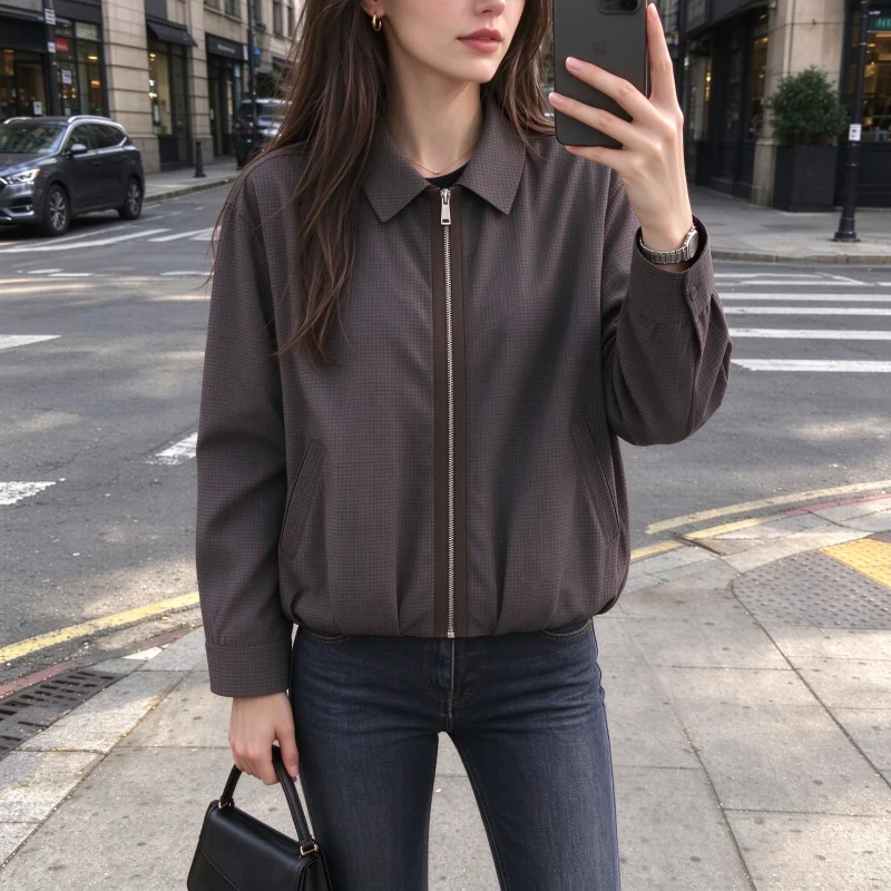 Women's Plaid Jacket Collared Zip Up Long Sleeve Checkered Oversized Casual Coat with Side Pockets Spring Autumn Outerwear