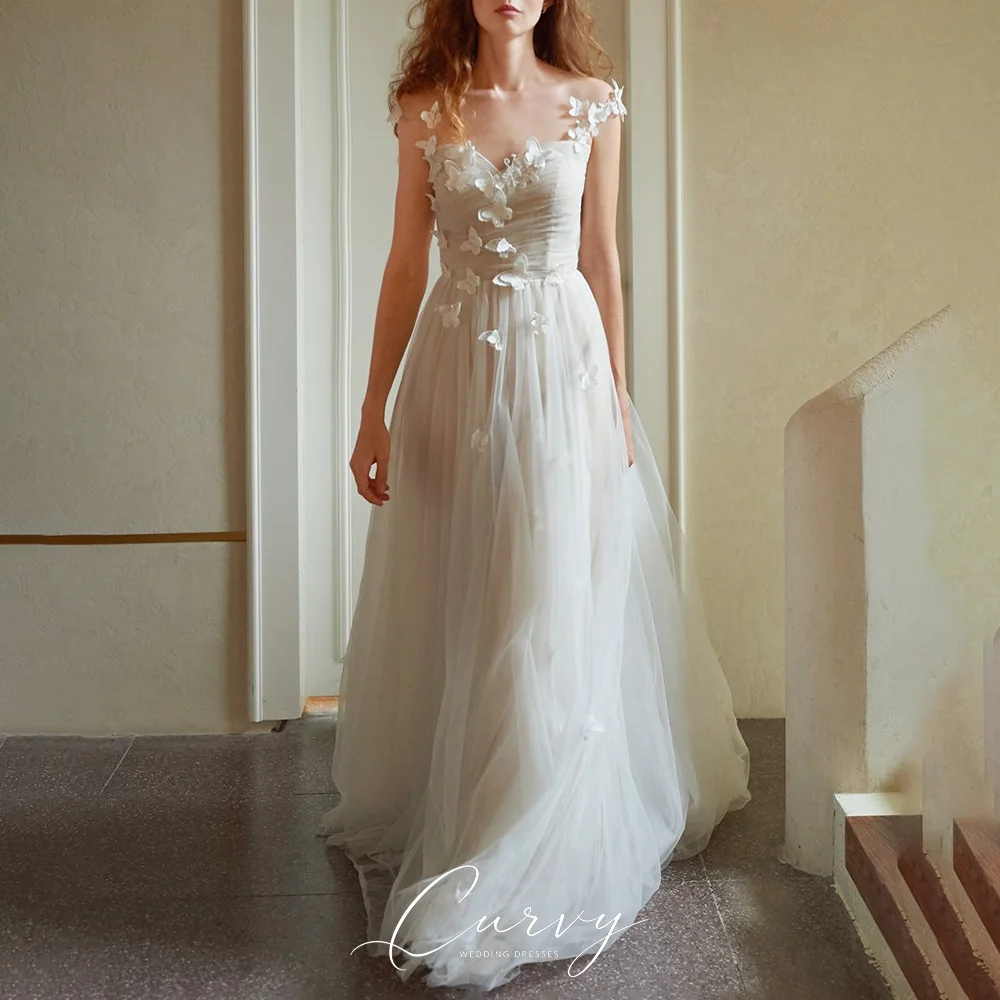 Curvy Romantic Whimsical Sweetheart Wedding Dresses for Women Vestido de Novia Butterfly Applique Tulle A-Line Bridal Gown