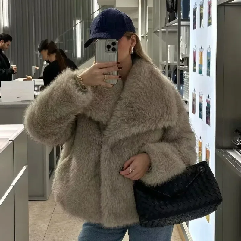 2024 Women Fashion Cropped Faux Fur Jacket Coat Long Sleeve Front Snap-button Female Outerwear Chic Lapel Collar Thick Coat