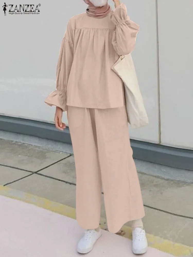

2pcs Elegant Long Sleeve Blouse Pants Suits ZANZEA Fashion Muslim Trousers Sets Islamic Clothing Marocain Eid Mubarek Outifits
