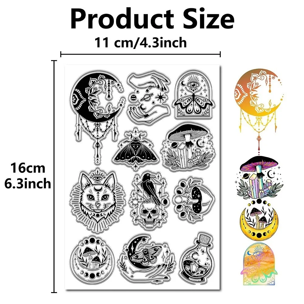 Divination Clear Stamps Magic Bottle Moon Phase Cat Moth Crow Mushroom Retro Transparent Stamp Seals for Photo Album Journaling