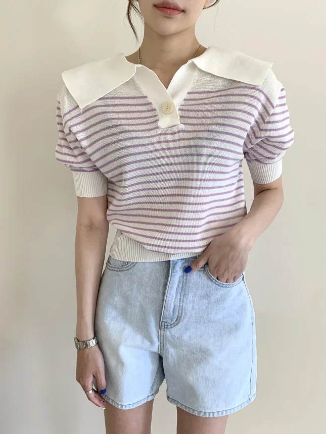 

Summer Anti-Aging One-Button Navy Collar Bubble Sve Striped Knitwear ort Sve T-irt Women's Faion Casual Top
