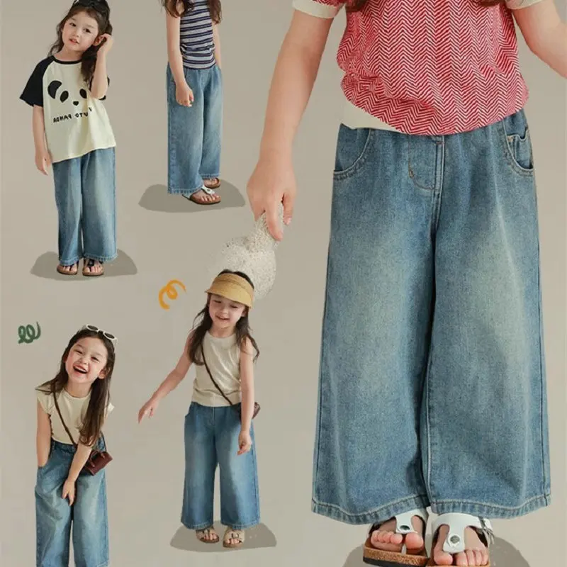 Spring Summer Casual Teenagen Girls Jeans Stars Solid Color Wide Leg Long Pants Baggy Denim Trousers for 4-8 Years Kids Girl