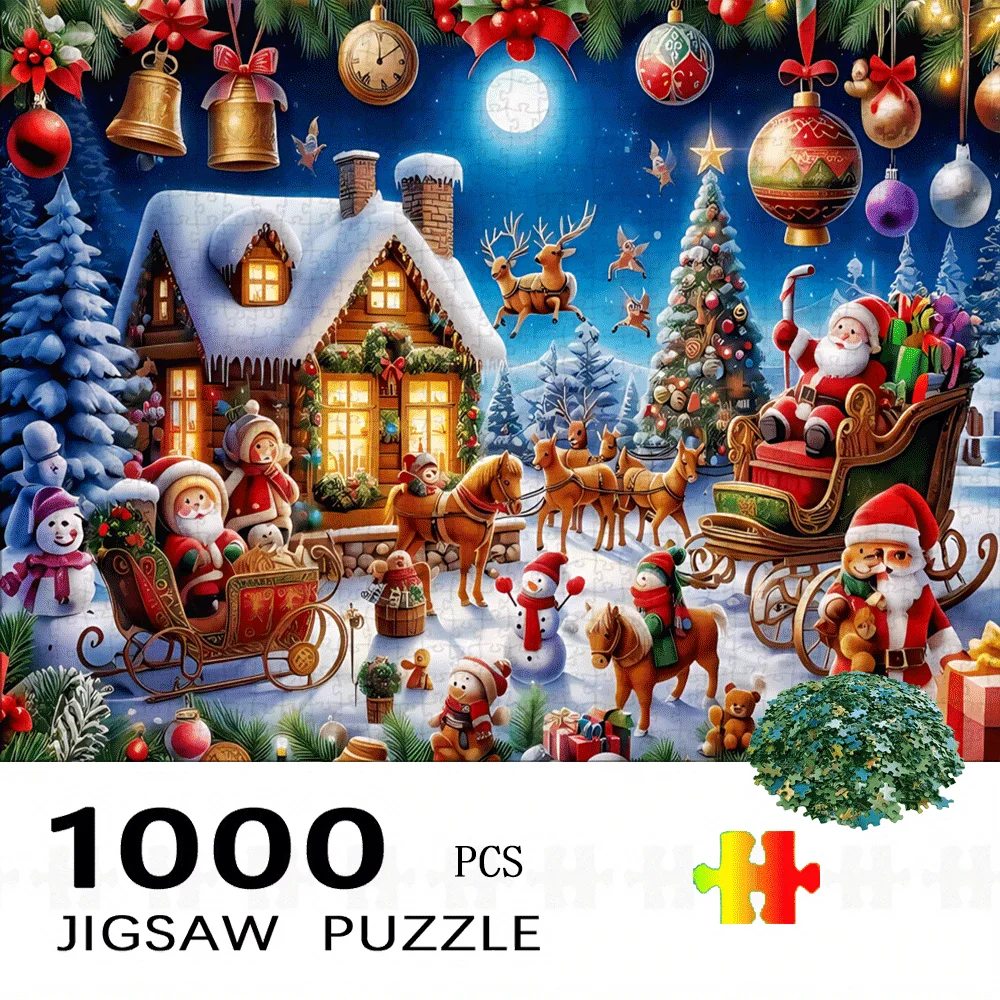 1000 Stück Weihnachts-Weihnachtsmann-Schlitten-Rentier-Schneeszene-Puzzle – Winterwunderland mit Schneeflocken, Glocken und Rentier, große Anzeige