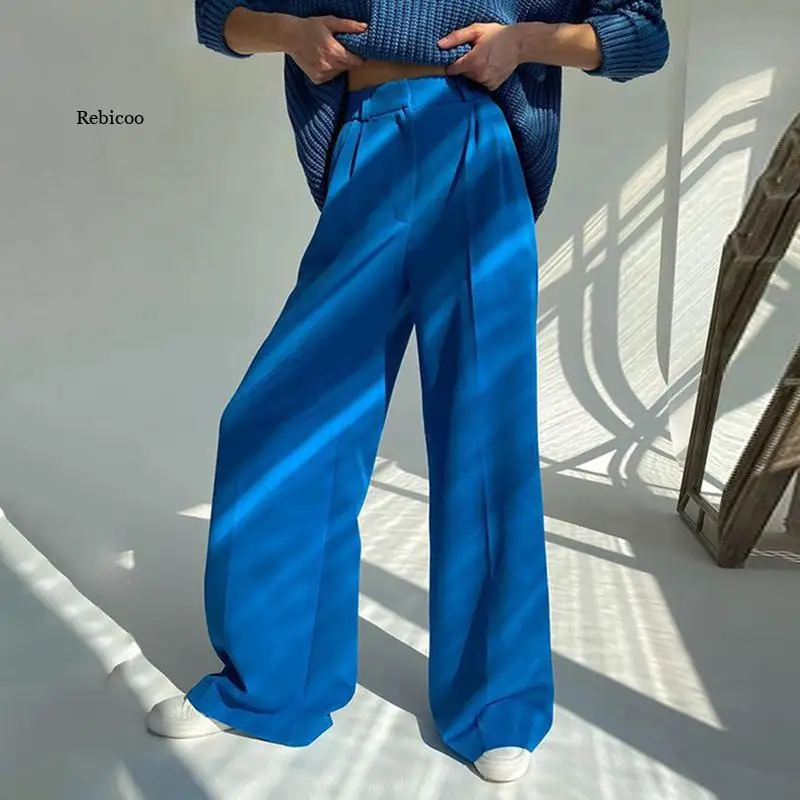 

2022 Wide Leg Pants for Women Spring Fashion Casual Loose Floor Length Ladies Blue Trousers High Waist Women's Office Pants