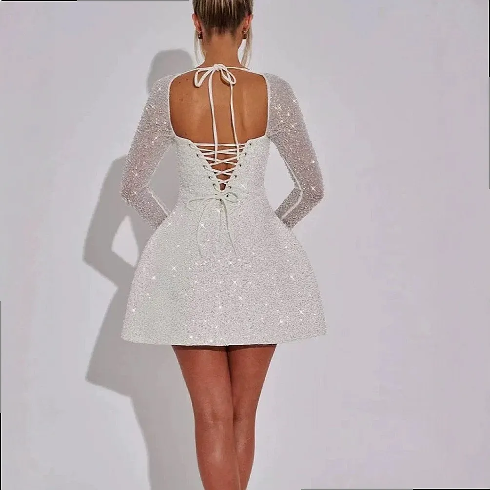 Sequin A-Line Dress Women Backless Tie Bow Sweet Short Dresses Spring Summer