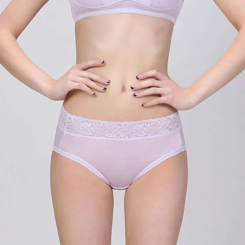Mid-Waist Solid Color Mulberry Silk Panties, Lace Trim Comfortable & Breathable Briefs