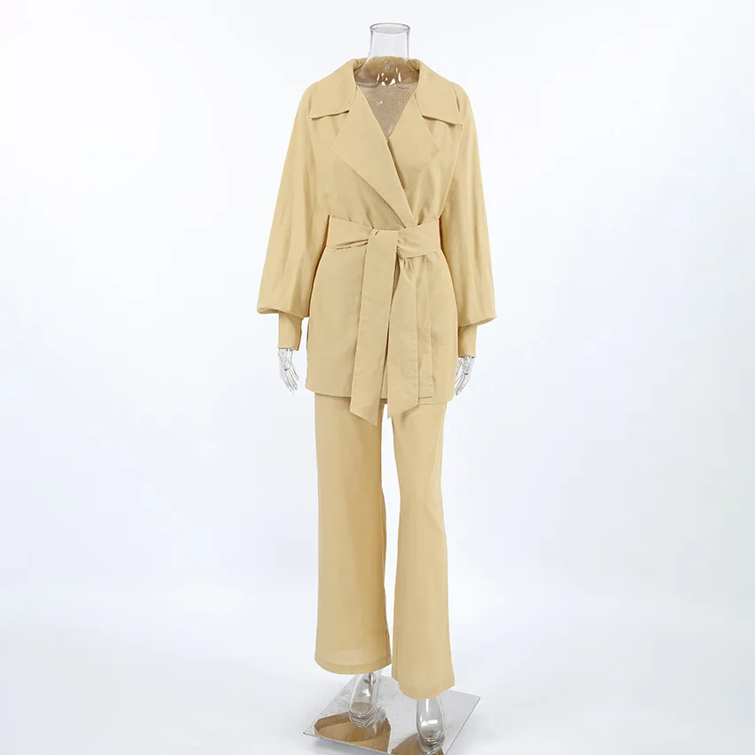 

Cotton and Hemp Set Commuter Loose Khaki Strap Coat Pants Two Piece Set Women's Wear