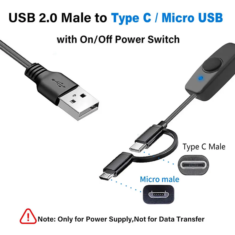 كابل شحن USB صغير 2 في 1 من النوع C / مع مفتاح تشغيل وإيقاف، سلك إمداد الطاقة من النوع C لمروحة USB، شرائط LED، مصباح مكتبي، شريط LED