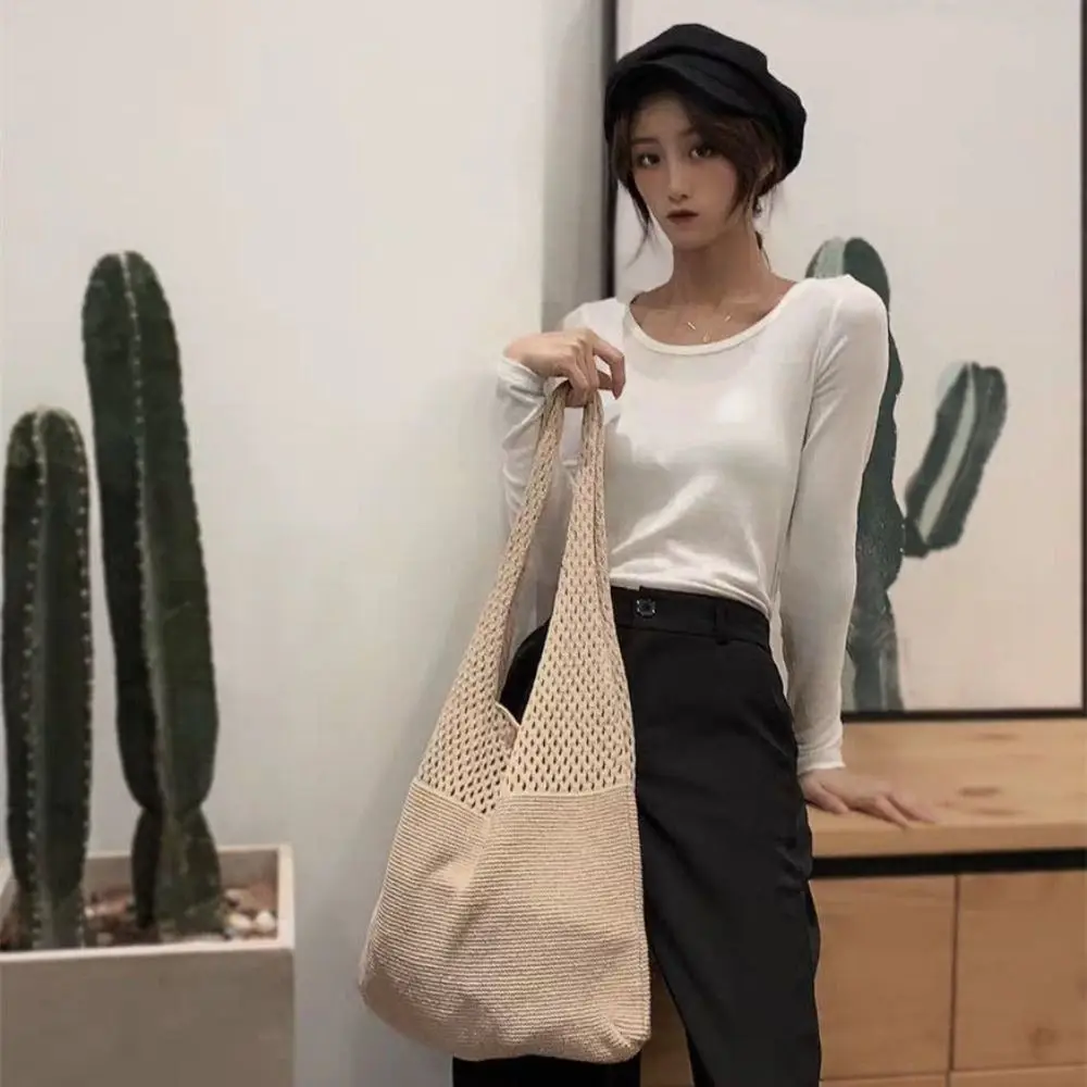 

Soft Solid Color Knitting Shoulder Bag Large Capacity Versatile Bohemian Crochet Tote Bag Hollow Out Casual Woven Handbag Women