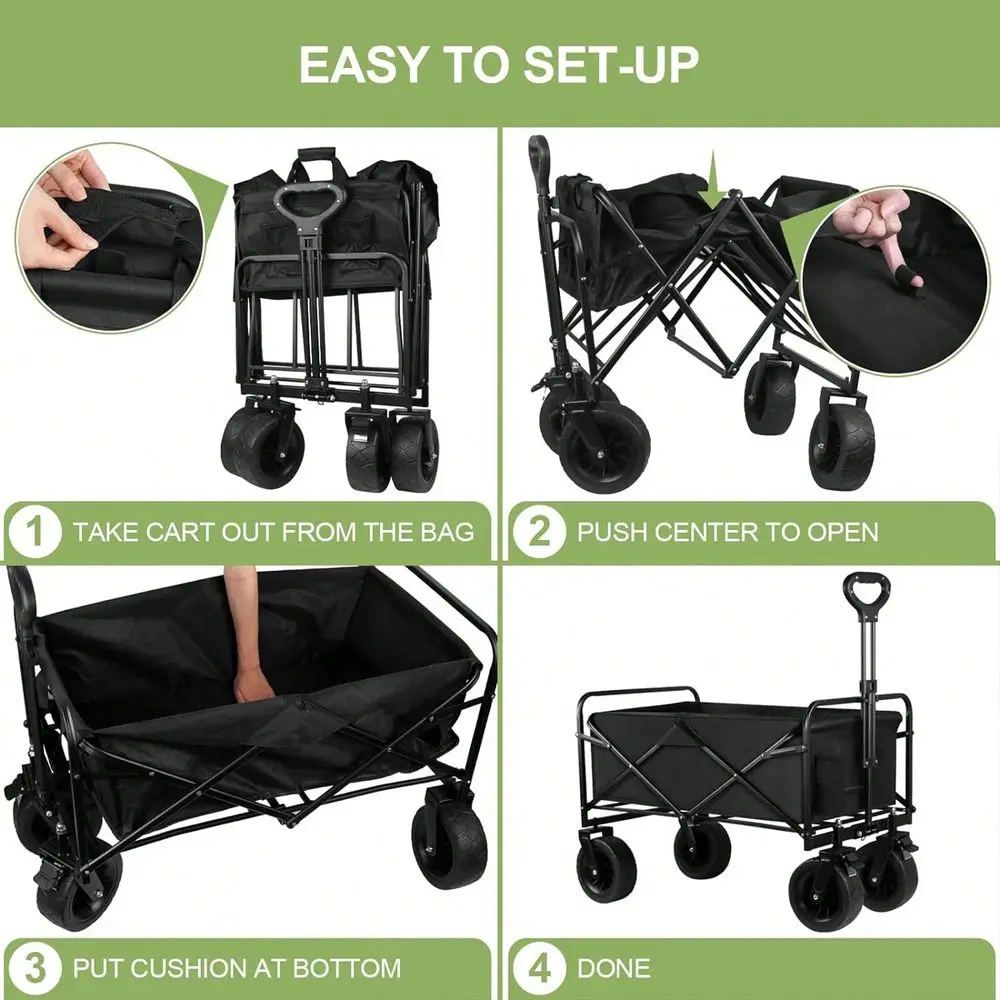 Folding Wagon Cart,Heavy Duty Garden Cart With All Terrain Wheels Side Pockets, Portable Large Capacity Utility Wagon Cart For