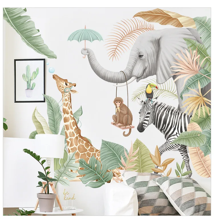 Custom Aquarel Jungle Nursery 3d Behang Muurschildering Voor Kids Kinderkamer 3d Dier Behang Sticker Art Deco