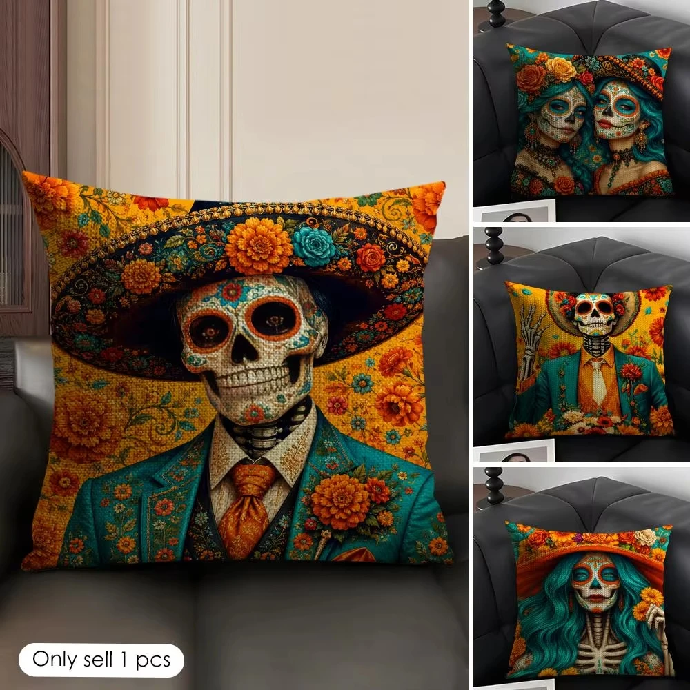 Day of the Dead Floral Skeleton Cushion Cover Design Pattern Printed Sofa Pillow Case Living Room Spooky Home Party Decoration