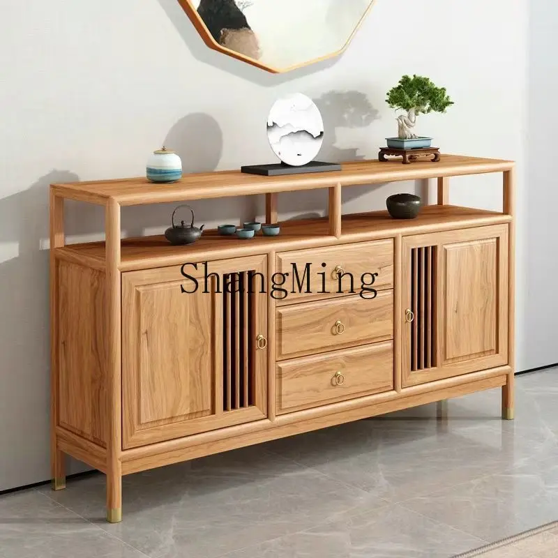 

ZYY new Chinese-style dining side porch cabinet living room solid wood wall cabinet elm storage black walnut color