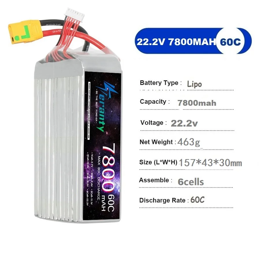 TERANTY 6S 22.2V 7800mAh 60C LiPo Battery For RC Car Boat Drones Quadcopter Helicopter Spare Parts With T XT60 EC5 TRX XT90 EC8