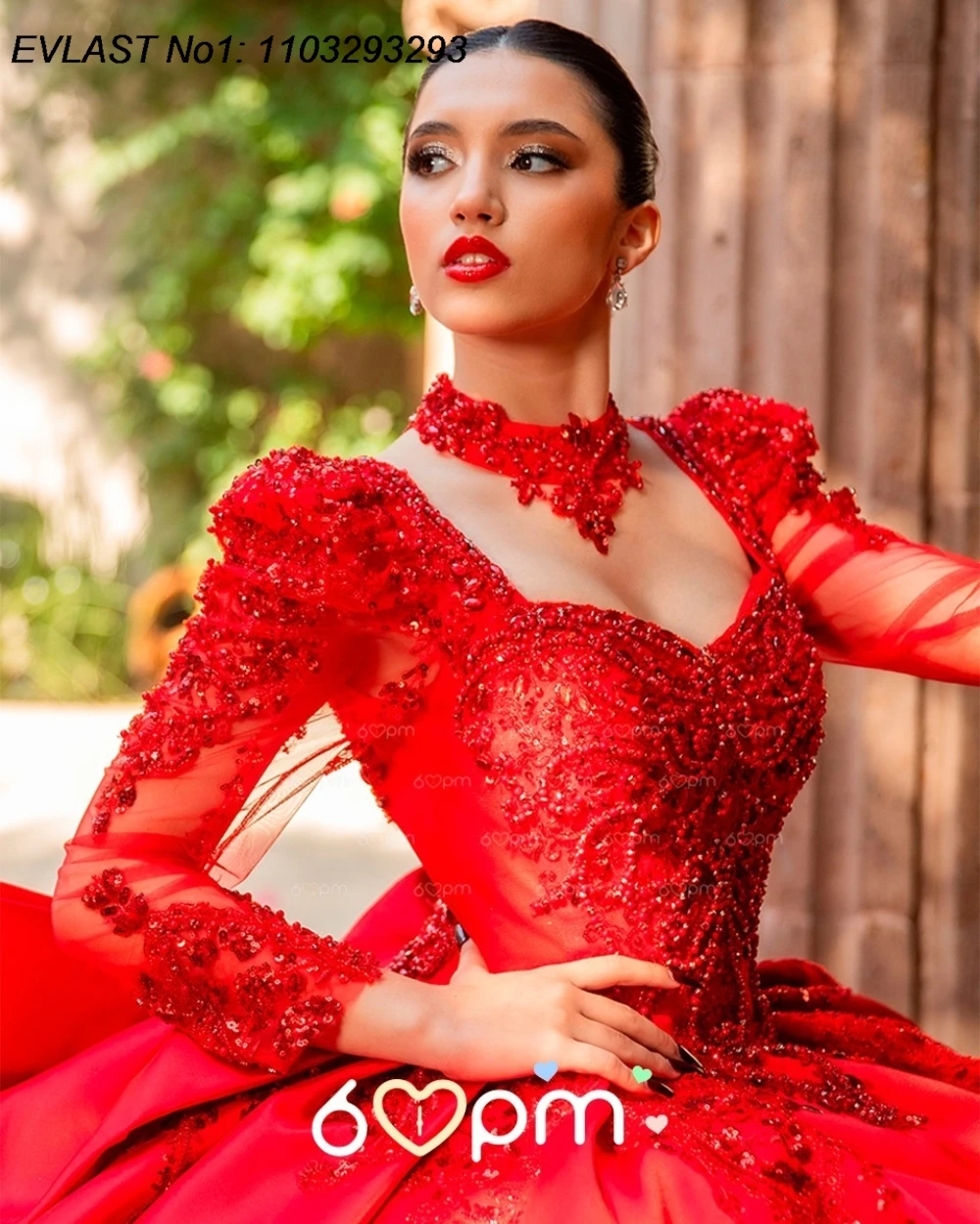 EVLAST カスタマイズされたエレガントな赤いキンセアニェーラドレス、舞踏会用ガウン、長袖、アップリケ、ビーズ刺繍、リボン、スイート16、ベスティドス・デ・15・アノス E1QN508