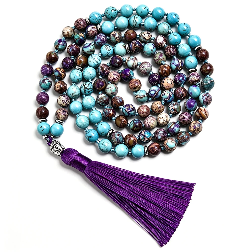 8mm Emperor Turquoise Bead Knotting 108 Mala Necklace with Buddha Head Pendant, Meditation Jewelry, Festival Gift