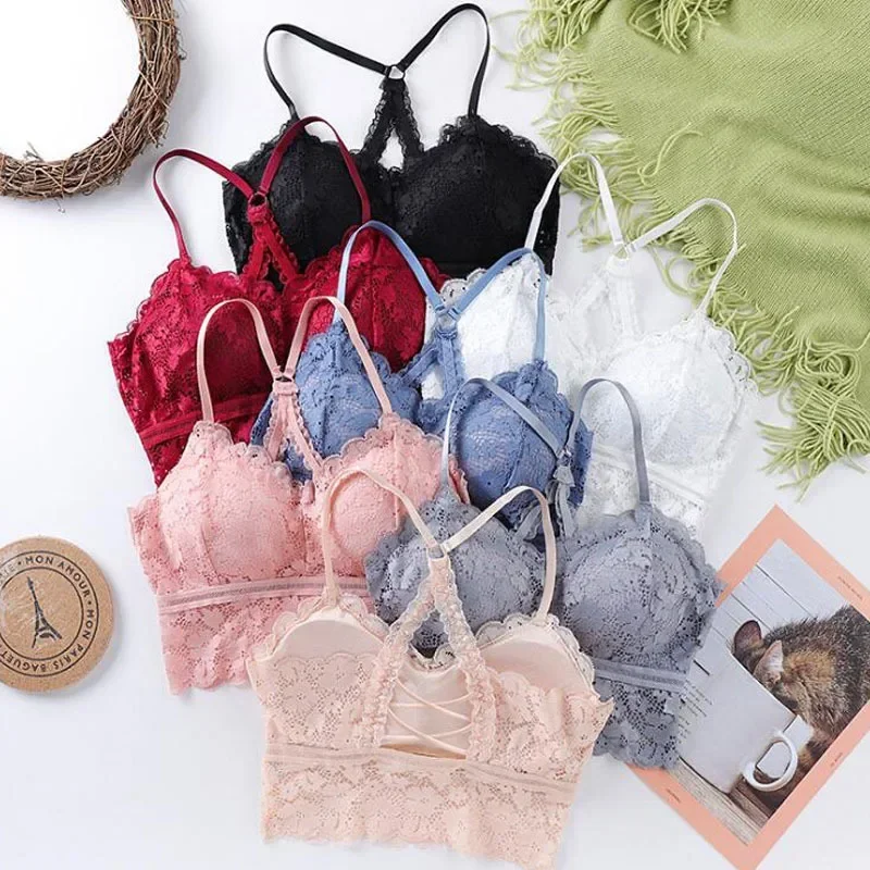 Women Bralette French Style Lace Sexy Beauty Back Bra Girl Underwear Deep V Underwear Without Underwire Soft Thin Seamless Bra