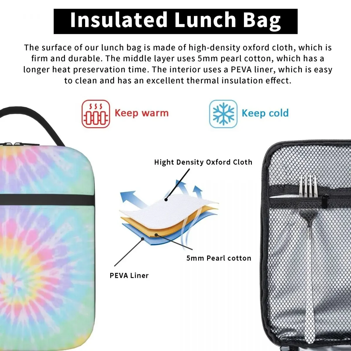 Rainbow Tie Dye Fashion Insulated Lunch Bags Food Bag Portable Thermal Cooler Lunch Boxes For Picnic