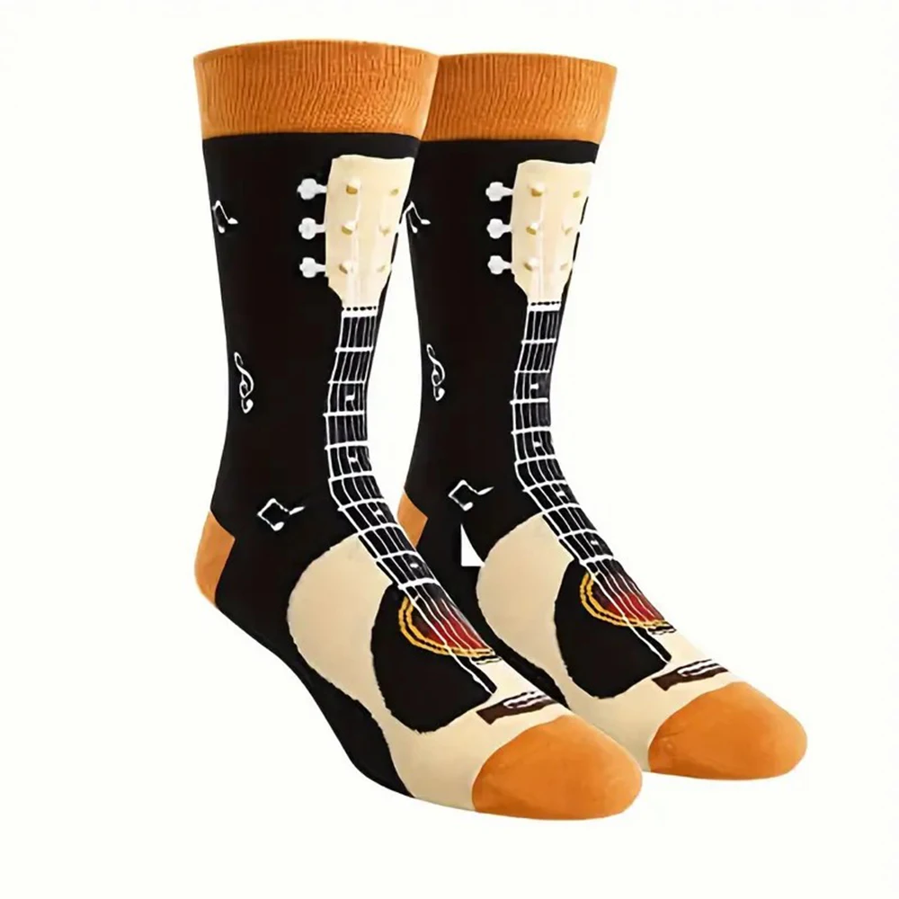 1 Pair Men Guitar Patterned Socks Fashionable Innovative Cartoon Printing Breathable and Comfortable Casual Neutral Socks