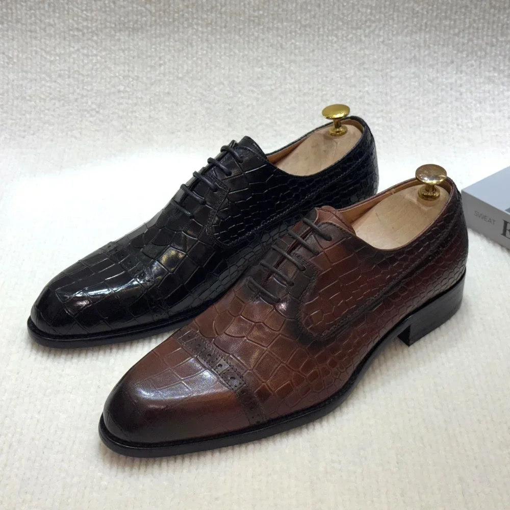 Luxury Handmade Men's Genuine Leather Dress Shoes Classic Cap Toe Oxfords Lace-Up Formal Business Wedding Office Footwear