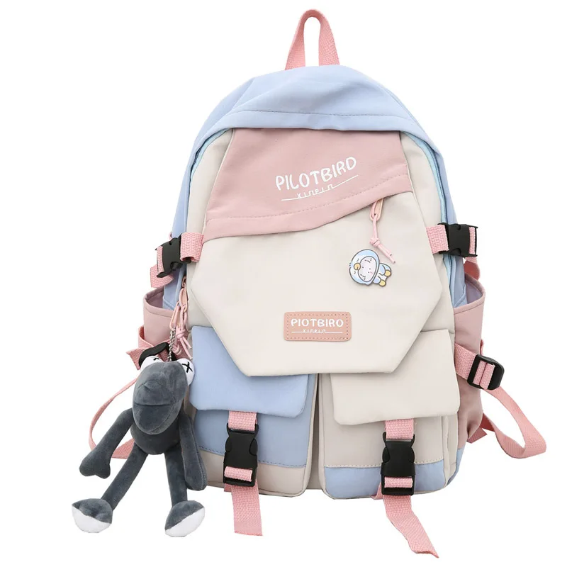 Contrast Color Backpack Cute School Bag with Pendant Large Capacity Multi Pocket Casual Laptop Daypack for Teen Girls Travel