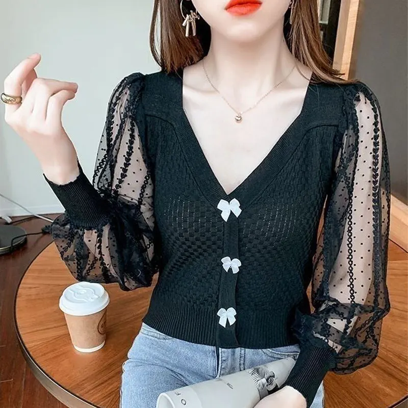 Sexy Lace Gauze Long Sleeve Shirt Knitted Spliced Fashion Sweet Bow Female Clothing Spring Autumn Slim Elegant V-Neck Blouse New