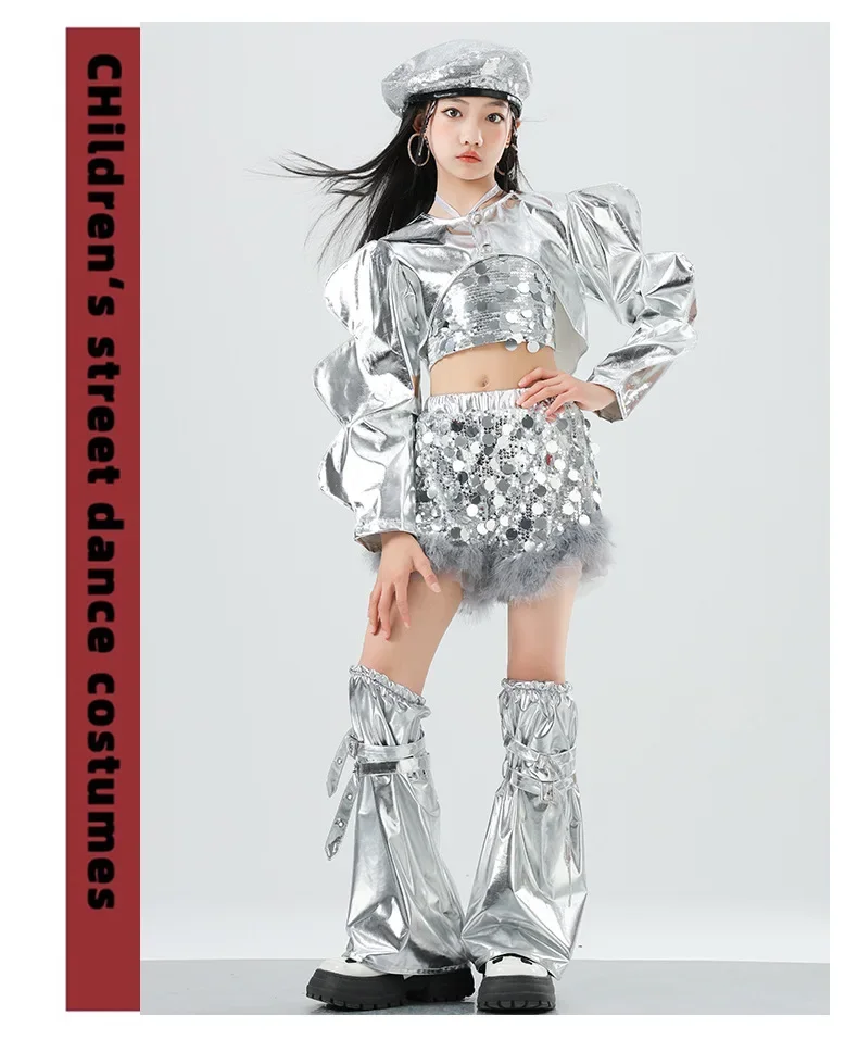 Mädchen Silbernes Pailletten-Jazz-Hip-Hop-Tanzkostüm Streetdance-Bühnenoutfit Glitzerndes Pailletten-Tanzoutfit-Set – Detail 7