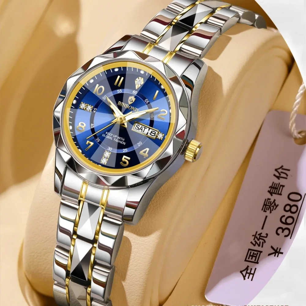 BINBOND 6632L الفاخرة الصلب قطاع كوارتز ساعة نسائية مقاوم للماء مضيئة التقويم الساعات للنساء Relogio Feminino Reloj Mujer
