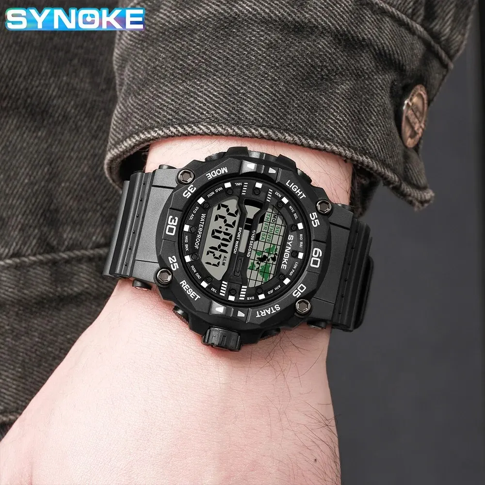 SYNOKE New Men Mountaineering Digital Watch Waterproof Shock Resist Large Screen Outdoor Running Student Fashion Watch Handsome