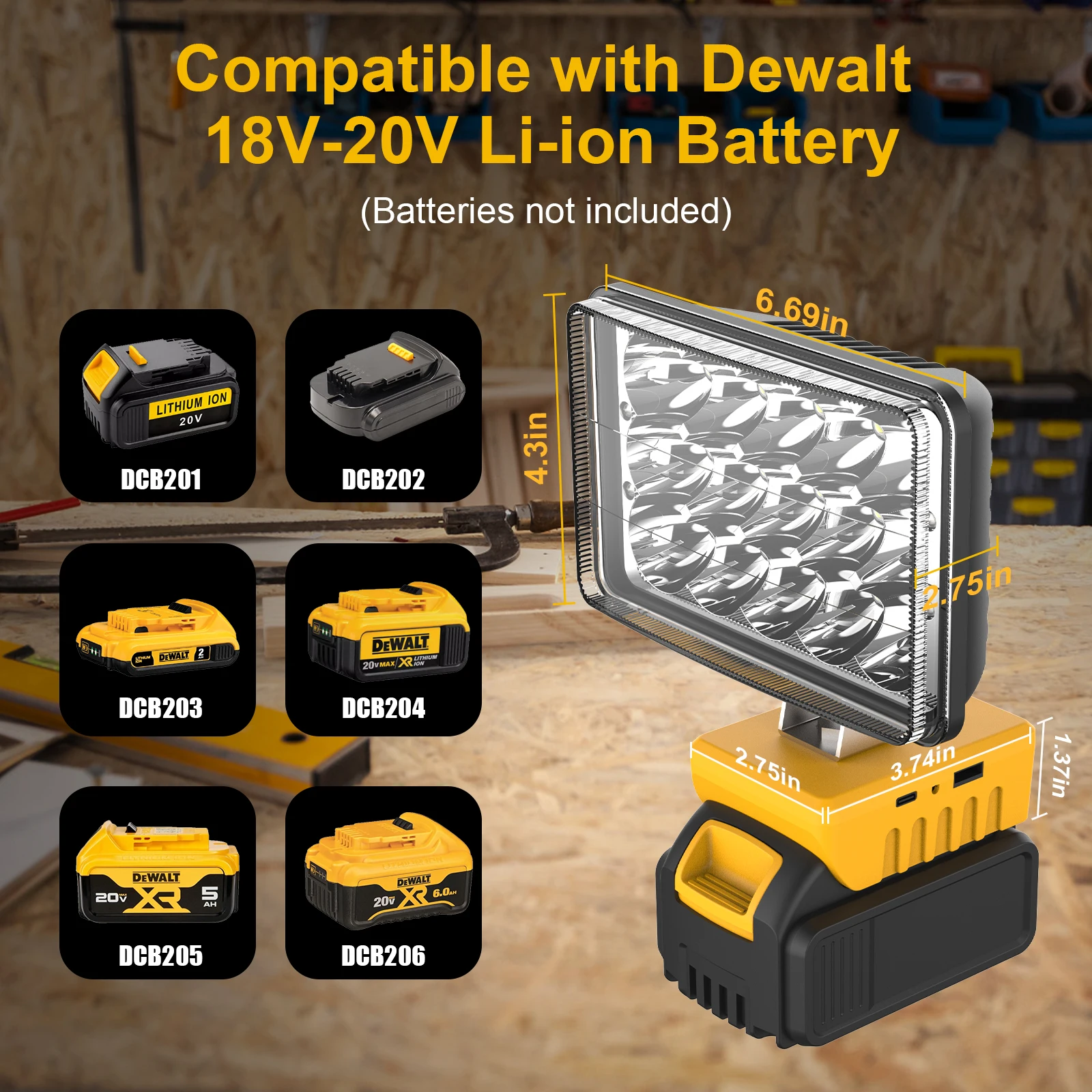 5000-20000LM High Power LED Beads LED Work Light Cordless Work Light Adjustable Base Rechargeable LED Flood Light for DeWalt