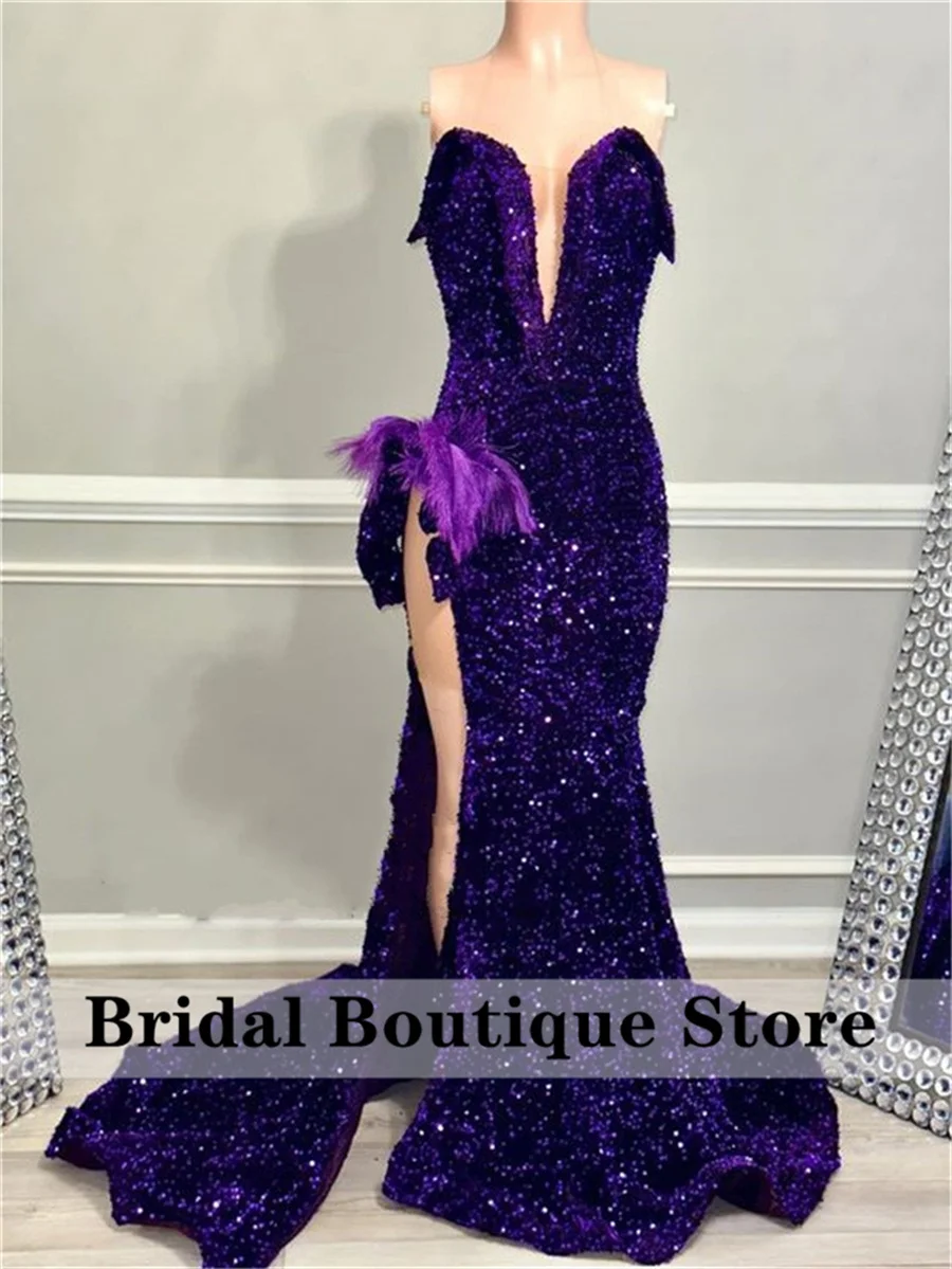 New Arrival 2024 Sparkly Purple Mermaid Prom Dress Glitter Sequins Gown Wedding Party Dress Feathers Robe De Bal Customized 