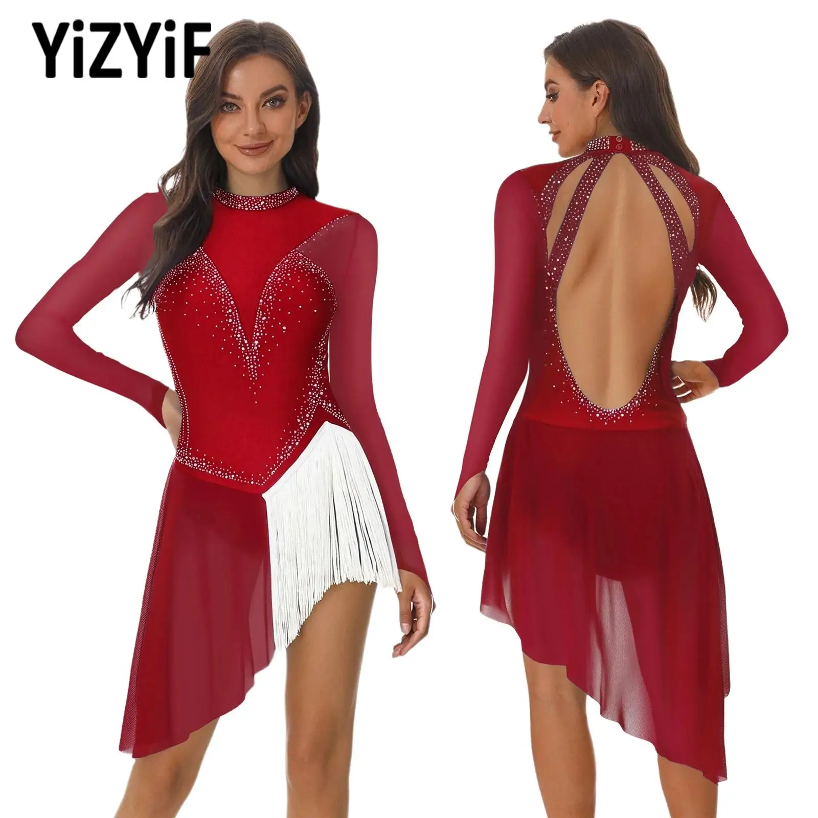 Womens Adult Lyrical Contemporary Dance Dress Sparkly Rhinestone Figure Ice Skating Dress Long Sleeve Fringe Ballerina Costumes