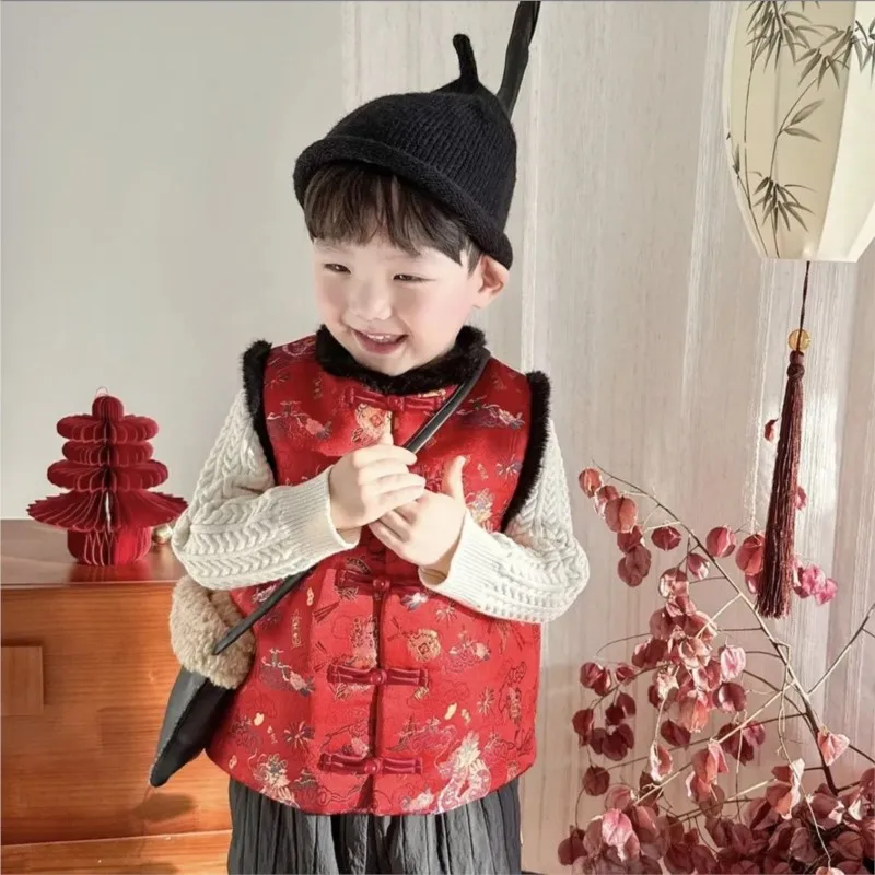 2026 Children's Winter Clothing Chinese New Year Celebration Clothing Boys' Chinese Style Sleeveless Vest Top For Gifts LI877