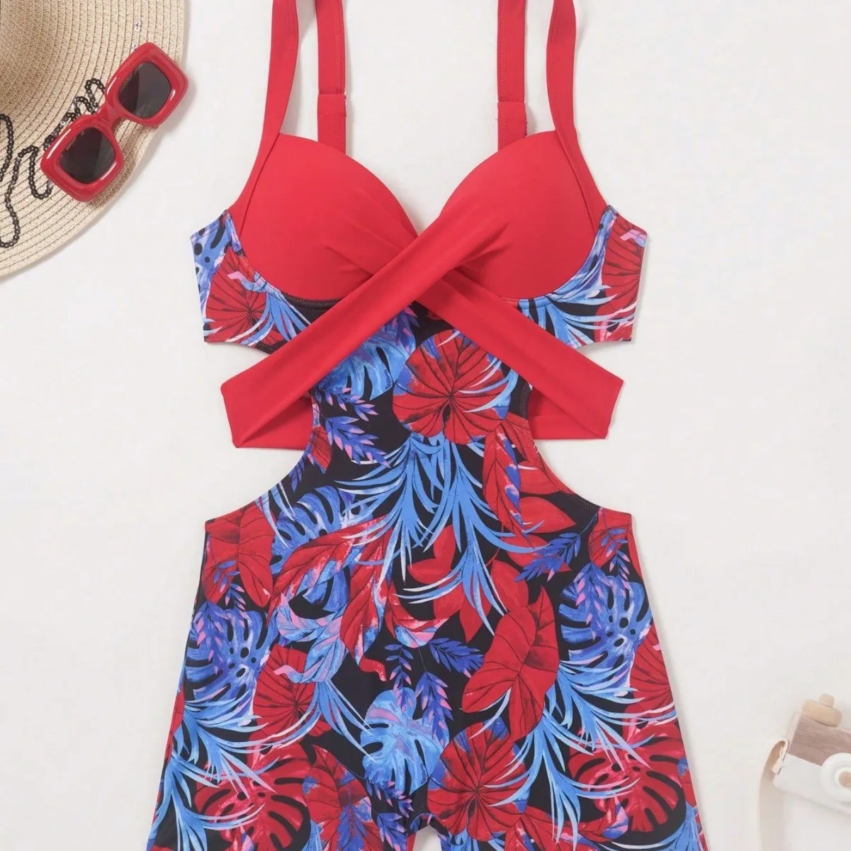 Leaf Print Backless Sleeveless Swimsuit with Adjustable Straps Cross Front Cut out Waist Bathing Suit V-Shape Design