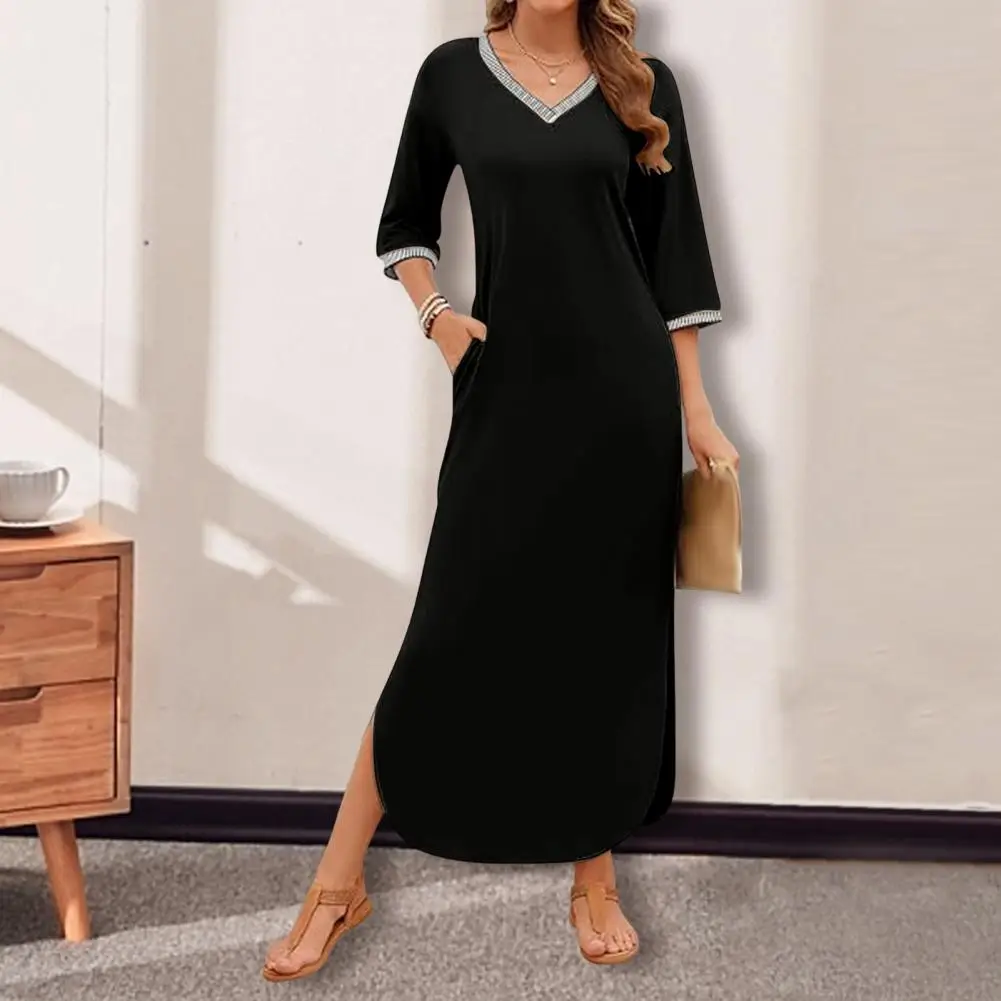 

V-neck 3/4 Sleeve Slits Hem Solid Color Patchwork Solid Color Loose Pullover Beach Dress