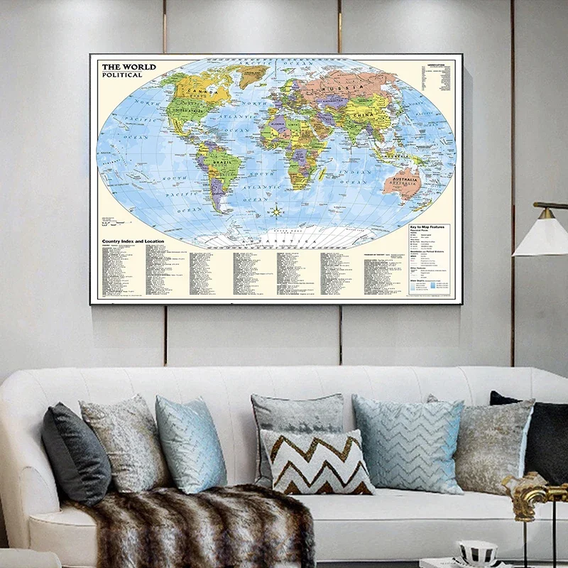 O mapa do mundo 150*100cm com índice e localização do país pintura em tela não tecida arte da parede cartaz casa escola fornecimento mapa de viagem
