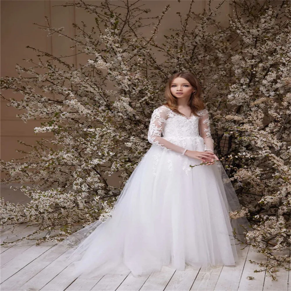 

White Flower Girl Dresses V-neckline Elegant Formal Attire Event Lace Appliqué Communion Princess Banquet Evening Gown