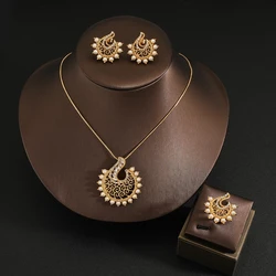 Hot Arabian Style Pearl Geometric Pendant Necklace Earrings Ring 3 Piece Set Classic Banquet Wedding Jewelry Set Birthday Gift