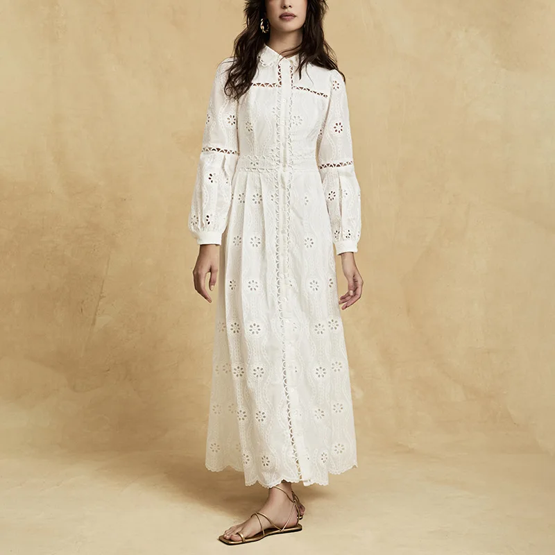 

European and American Trendy High-End Dress Women2025Summer New Elegant Single-Breasted Hollow Embroidered Long Dress