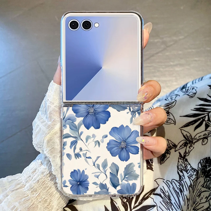 Blaue Blumen Muster Handyhülle für Samsung Galaxy Z Flip 7 FE 6 5 4 3 5G Hard PC Transparent Folding Cover für Samsung Z Flip7