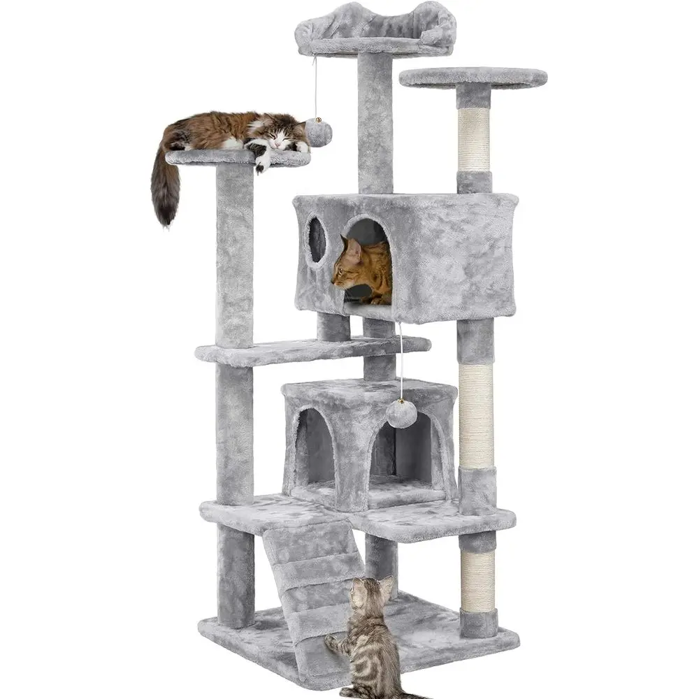 

Multi-Level Light Gray Cat Tree with Spacious Perch, 2 Caves, Scratching Posts, Climbing Ladder, Plush Balls for Indoor Kittens