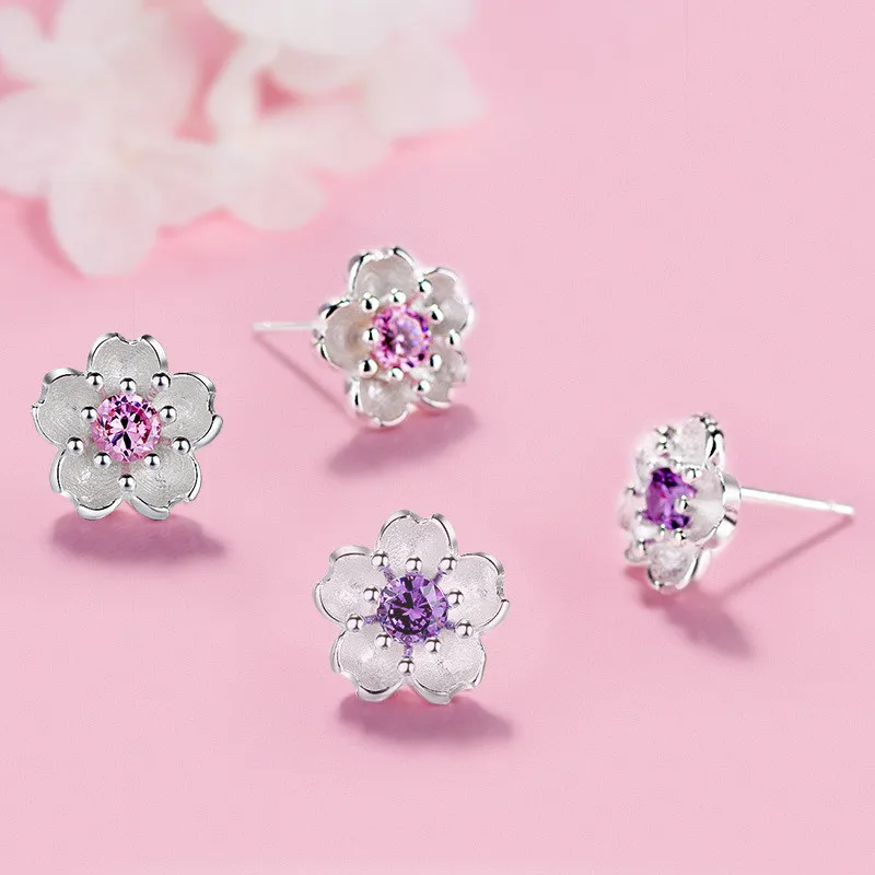 New Handmade 925 Sterling Silver Sakura Flower Purple Pink Rhinestone Stud Earrings For Women Girl Sterling-Silver-Jewelry LE214