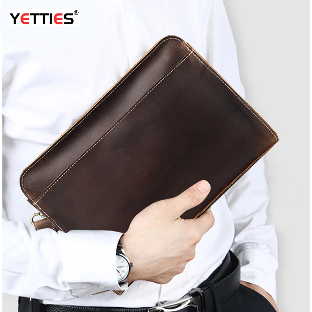 Men's Handmade Vintage Crazy Horse Leather Clutch Bag | Top Grain Cowhide Large Capacity | Luxury Elegant Fashion Handbag Trendy