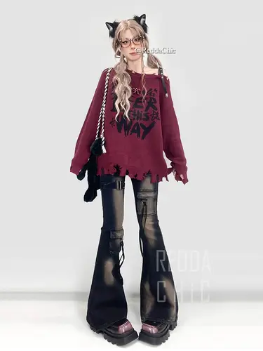 REDDACHiC Low Waist Cargo Jeans Women Distressed Buckle Belt Bootcut Denim Pants Tall Girl Long Trousers Retro Grunge Streetwear - Image 4
